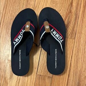 Tommy Hilfiger Black Flip Flops with Red and White Accents